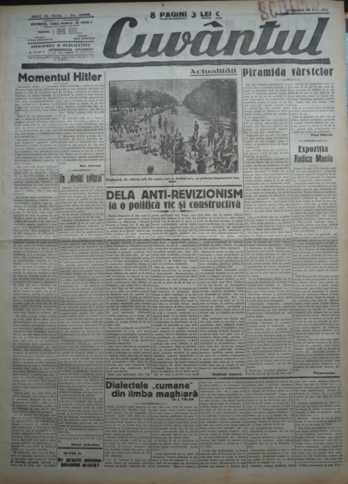 Cuvantul , ziar legionar , 20 Mai 1933 ,articole Mihail Sebastian , Perpessicius
