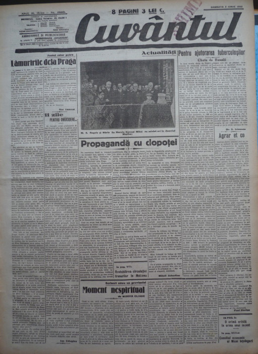Cuvantul, ziar legionar, 3 Iunie, 1933, articole Nae Ionescu, Mihail Sebastian, Ion Calugaru, Paul Sterian