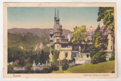 bnk cp Sinaia - Castelul Peles cu terasa - uzata 1937 foto