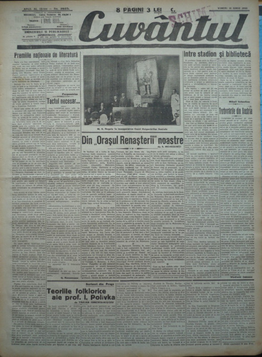 Cuvantul , ziar legionar , 16 Iunie 1933 , artic. Mihail Sebastian , Racoveanu