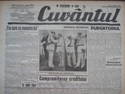 Cuvantul, ziar legionar, 8 Iunie 1933, articole de Mihail Sebastian, Nae Ionescu, Perpessicius, Ion Calugaru foto