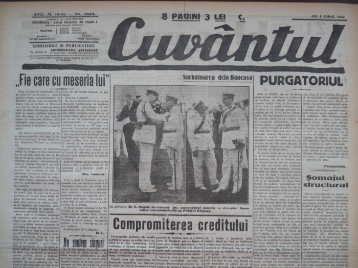 Cuvantul , ziar legionar , 8 Iunie 1933 , artic. Mihail Sebastian , Nae Ionescu