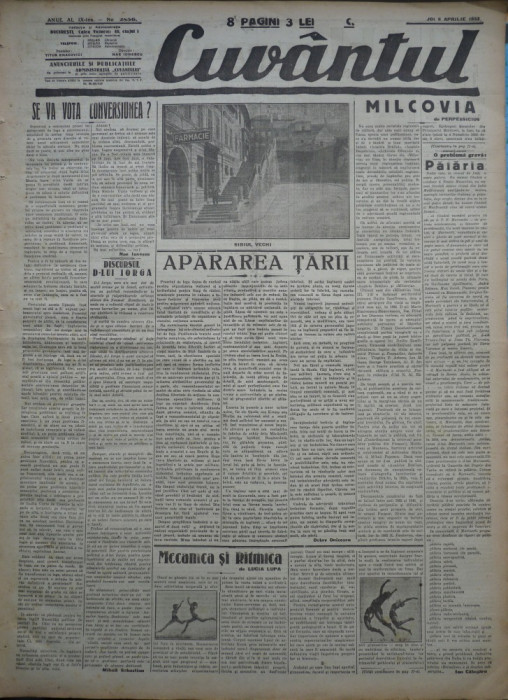 Cuvantul , ziar legionar , 6 Aprilie 1933 , art. Mihail Sebastian , Nae Ionescu