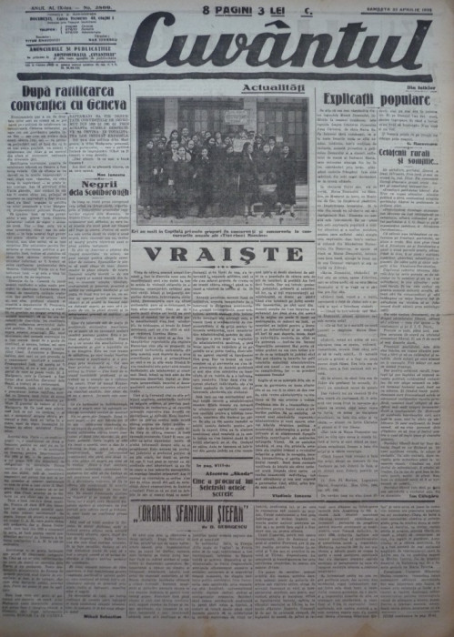 Cuvantul , ziar legionar , 22 Apr. 1933 , artic. Nae Ionescu , Mihail Sebastian