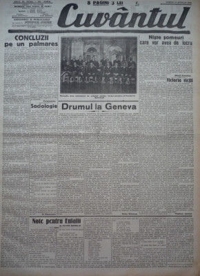Cuvantul, ziar legionar, 14 Aprilie 1933, artocole de Mihail Sebastian, Perpessicius, racoveanu, afacerea Skoda foto