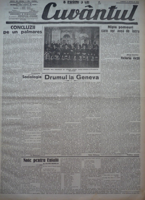 Cuvantul, ziar legionar, 14 Aprilie 1933, artocole de Mihail Sebastian, Perpessicius, racoveanu, afacerea Skoda