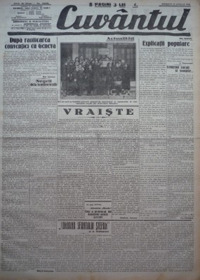 Cuvantul, ziar legionar, 22 Aprilie 1933, articole de Nae Ionescu, George Racoveanu, Ion Calugaru foto