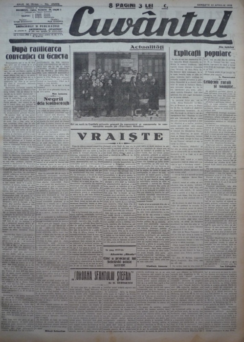 Cuvantul, ziar legionar, 22 Aprilie 1933, articole de Nae Ionescu, George Racoveanu, Ion Calugaru