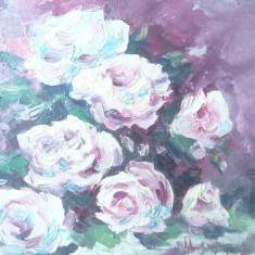 Pictura Trandafiri -ulei- lucrare in cutit , semnata , dim.= 33,5x33,5 cm