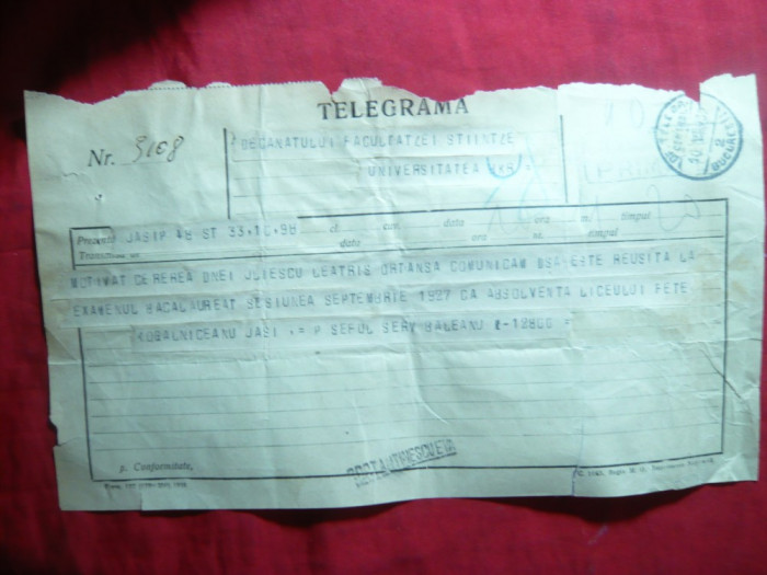 Telegrama de la Decanat Facultatea Stiinte Bucuresti 1927