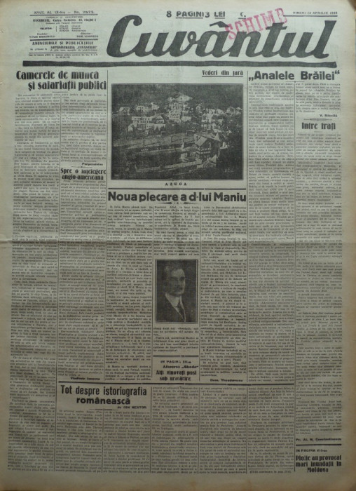 Cuvantul , ziar legionar , 28 Aprilie 1933 , articole Perpessicius , Ion Nestor