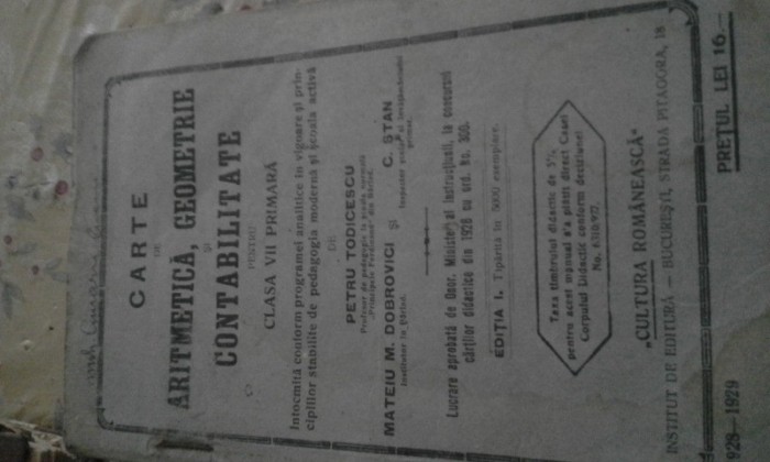 TODICESCU//CARTE DE ARITIMETICA,GEOMETRIE SI CONTABILITATE ,INTERBELICA