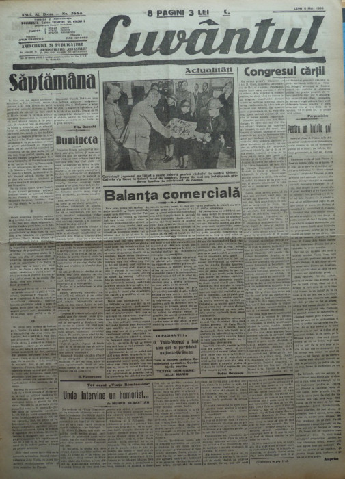 Cuvantul , ziar legionar , 8 Mai 1933 , articole Mihail Sebastian , Perpessicius