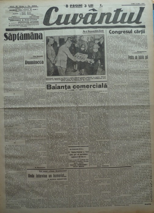 Cuvantul, ziar legionar, 8 Mai 1933, articole de Mihail Sebastian, Perpessicius, Ion Calugaru
