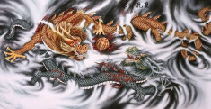 Pictura in acuarela reproducere - Two Fengshui Dragon - Liang Xuan 132x63 Cm foto