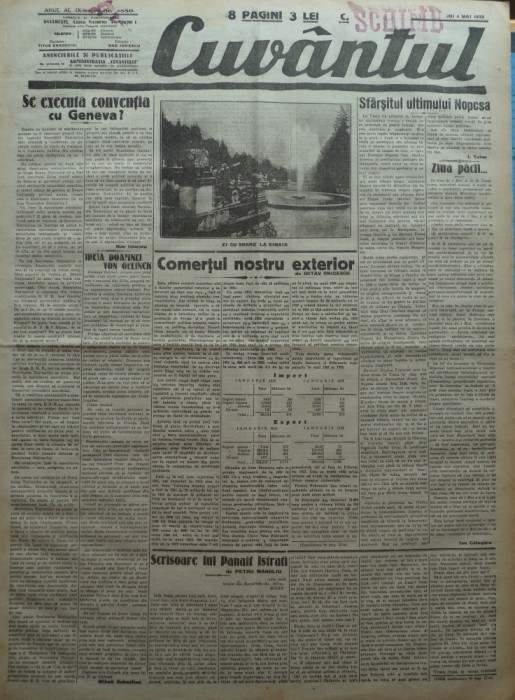 Cuvantul, ziar legionar, 4 Mai 1933, articole de Mihail Sebastian, Nae Ionescu, Petru Manoliu, Ion Calugaru