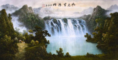 Pictura in acuarela reproducere - Cascada de langa casa - Zhang Yuan 132x63 cm foto