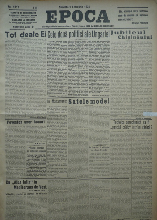 Epoca , ziar al Partidului Conservator , 9 Februarie 1935 , Hagi Mosco , Skoda