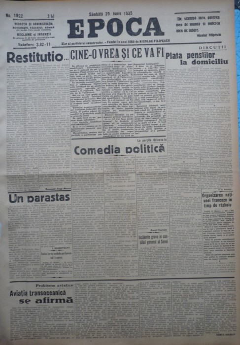 Epoca , ziar al Partidului Conservator , 29 Iunie 1935 , Afac. Skoda , Titulescu