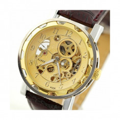 Ceas Goer Automatic Skeleton Cadran Auriu Curea Neagra m04 foto