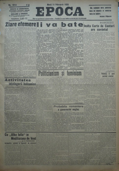 Epoca , ziar al Partidului Conservator , 11 Febr. 1935 , Hagi Mosco , Filipescu