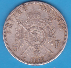 (1) MONEDA DIN ARGINT FRANTA - 5 FRANCS 1867, LIT. A, 25 GRAME, NAPOLEON III foto