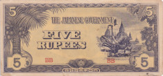 OCUPATIA JAPONEZA IN BURMA 5 rupees 1942 VF+++!!! foto