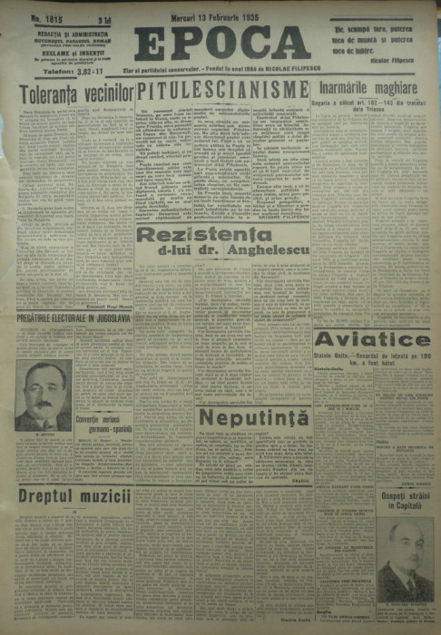 Epoca , ziar al Partidului Conservator , 13 Februarie 1935 , Inarmarea Ungariei