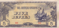 OCUPATIA JAPONEZA IN BURMA 5 rupees 1942 VF+!!! foto