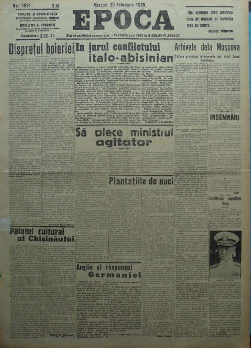 Epoca , ziar al Partidului Conservator , 20 Febr. 1935 , Hagi Mosco , Filipescu