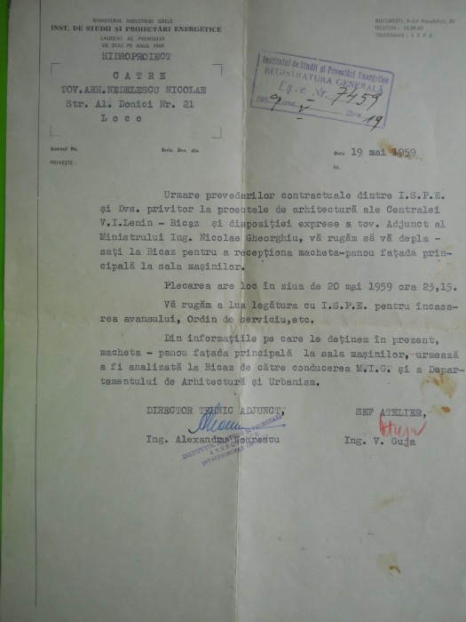 HOPCT ROMANIA INSPECTORATUL STUDII PROIECTARI ENERGIE 19 MAI 1959 /ARH NEDELESCU