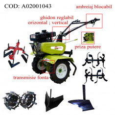 Gardelina Motocultor A02001043, 7 CP, freze, roti cauciuc, roti metalice, plug BG, rarita reglabila, prasitoare hoby, cupla, 700-1000 mm foto