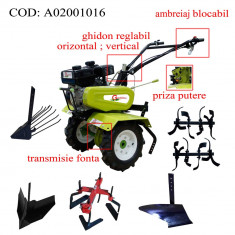 Gardelina Motocultor A02001016, 7 CP, freze, roti, plug BG, prasitoare hoby, rarita reglabila, plug cartofi, cupla, 700-1000 mm foto