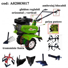 Gardelina Motocultor A02003017, 7 CP, freze, roti, plug BG, rarita fixa, rarita reglabila, prasitoare hoby, plug cartofi, cupla, 1000 mm foto