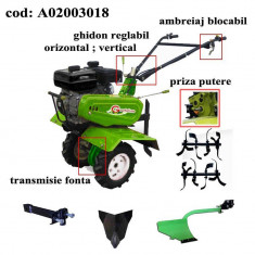 Gardelina Motocultor A02003018, 7 CP, freze, roti, plug BG, rarita fixa, rarita reglabila, prasitoare hoby, plug cartofi, cupla, 1000 mm foto