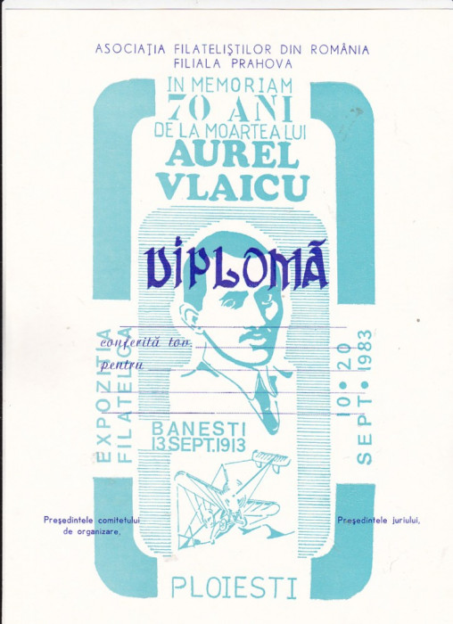 bnk fil Diploma neacordata Expo fil In memoriam 70 ani moartea lui A Vlaicu