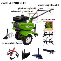 Gardelina Motocultor A02003015, 7 CP, freze, roti, plug BG, rarita reglabila, prasitoare hoby, plug cartofi, cupla, 1000 mm foto