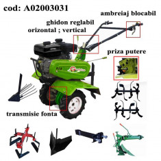 Gardelina Motocultor A02003031, 7 CP, freze, roti, plug LY reversibil, rarita reglabila, prasitoare hoby, plug cartofi, cupla, 1000 mm foto