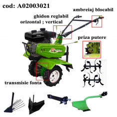 Gardelina Motocultor A02003021, 7 CP, freze, roti, plug hoby, rarita reglabila, plug cartofi, cupla, 1000 mm foto