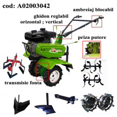 Gardelina Motocultor A02003042, 7 CP, freze, roti cauciuc, roti metalice, plug, rarita reglabila, prasitoare hoby, cupla, 1000 mm foto