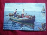 Ilustrata - Barca cu 2 femei la vasle - Dalmatia , color , inc.sec.XX