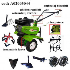 Gardelina Motocultor A02003044, 7 CP, freze, roti cauciuc, roti metalice, plug arat, rarita fixa, prasitoare hoby, plug cartofi, cupla, 1000 mm foto