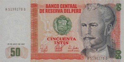 PERU █ bancnota █ 50 Intis █ 1987 █ P-131b █ UNC █ necirculata foto