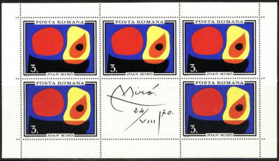 Romania 1970 &amp;ndash; INUNDATIA PICTURA JOAN MIRO, COALA MICA 5+1 MNH, AE5 foto