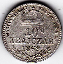 Ungaria Austria 10 Krajczar 1869 K.B. Kormoczbanya XF RARA foto
