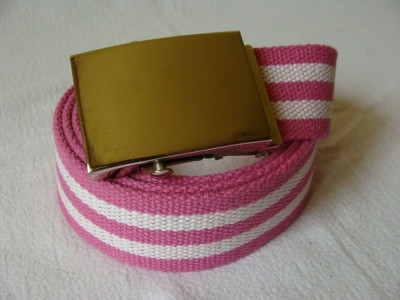 Curea panza de culoare roz deschis cu linii albe cu catarama metalica argintie foto