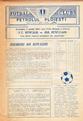 Program meci fotbal PETROLUL PLOIESTI - JIUL PETROSANI 04.04.1987 foto