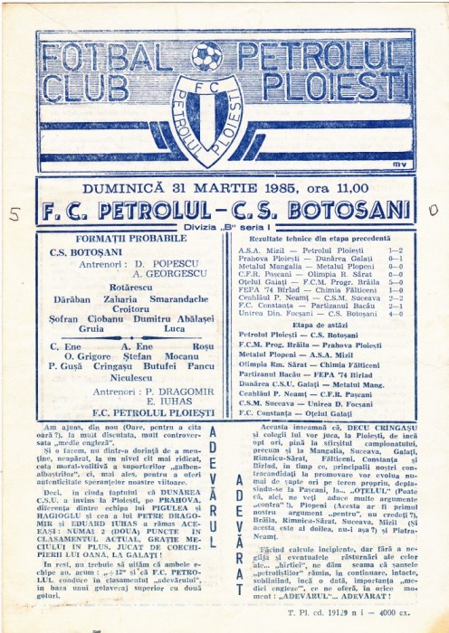 Program meci fotbal PETROLUL PLOIESTI - CS BOTOSANI 31.03.1985