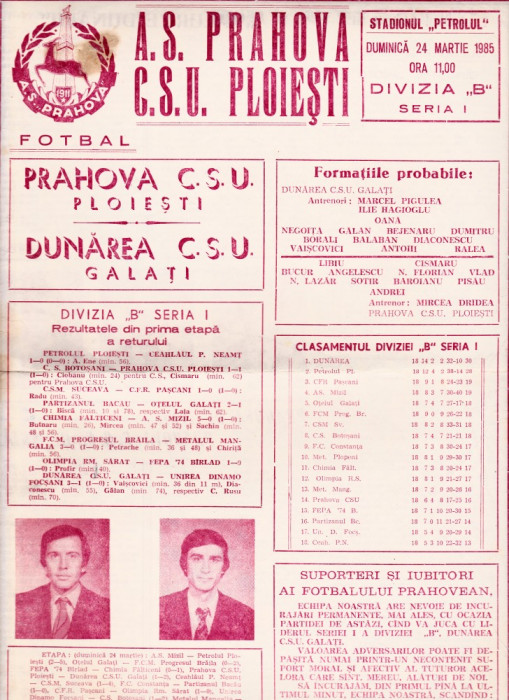 Program meci fotbal PRAHOVA CSU PLOIESTI - DUNAREA CSU GALATI 24.03.1985