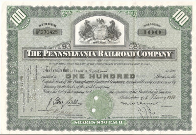 THE PENNSYLVANIA RAILROAD COMPANY 100 SHARES 1950 VF foto